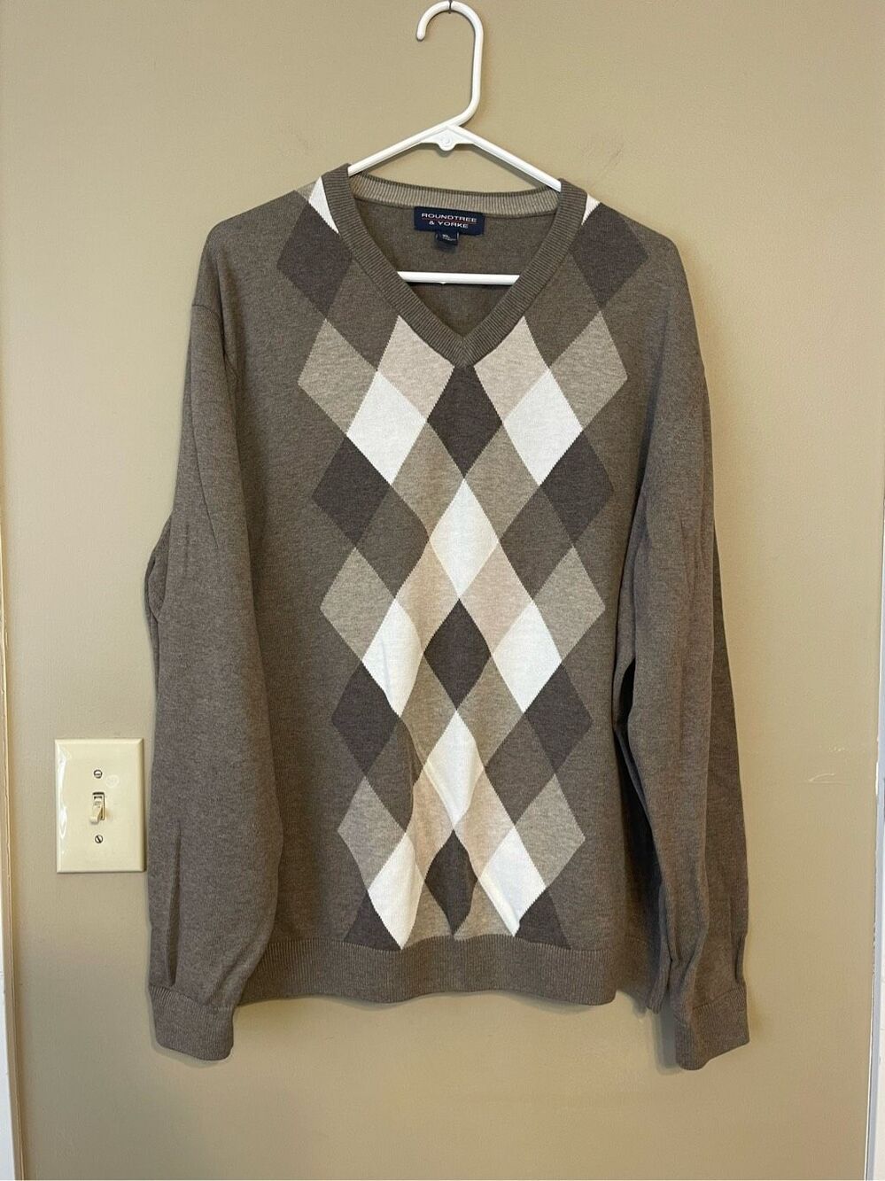 Roundtree & Yorke Mens Tan Brown Argyle Cotton Sweater Extra Large XL
